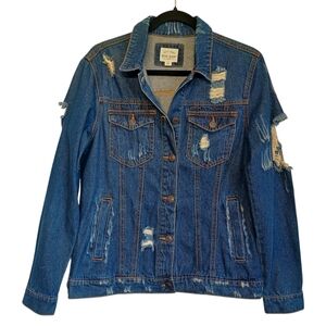 WAX JEAN Basic Denim Distressed Thrashed Button Front Blue Denim Jean Jacket S